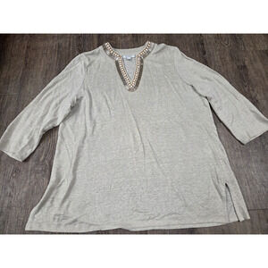 CHICO'S 100% Linen V Neck Tunic Top Blouse Beige Gold Beading 2 - Large 12/14